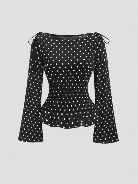 Sweetra New Autumn/Winter French Elegant Fashion Polka Dot Shoulder Bowknot Waist Slimming Casual Commute Versatile Bell Sleeve Women Blouse