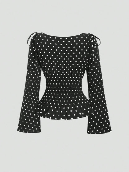 Sweetra New Autumn/Winter French Elegant Fashion Polka Dot Shoulder Bowknot Waist Slimming Casual Commute Versatile Bell Sleeve Women Blouse