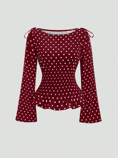 Sweetra New Autumn/Winter French Elegant Fashion Polka Dot Shoulder Bowknot Waist Slimming Casual Commute Versatile Bell Sleeve Women Blouse