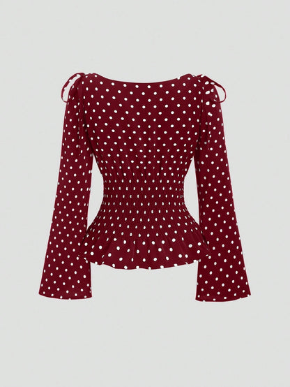 Sweetra New Autumn/Winter French Elegant Fashion Polka Dot Shoulder Bowknot Waist Slimming Casual Commute Versatile Bell Sleeve Women Blouse