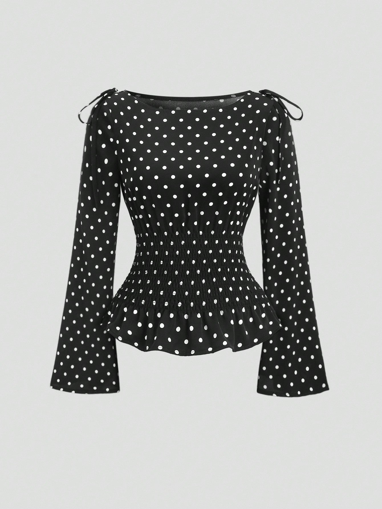 Sweetra New Autumn/Winter French Elegant Fashion Polka Dot Shoulder Bowknot Waist Slimming Casual Commute Versatile Bell Sleeve Women Blouse