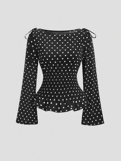 Sweetra New Autumn/Winter French Elegant Fashion Polka Dot Shoulder Bowknot Waist Slimming Casual Commute Versatile Bell Sleeve Women Blouse