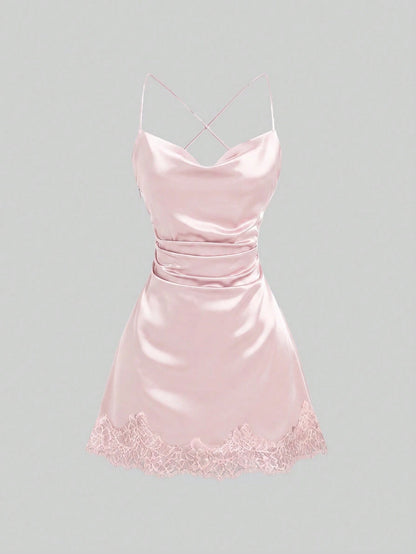 Sweetra New Satin Mini Dress With Contrast Lace, Coffee Color, Suitable For Party Wear