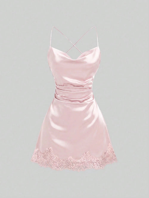 Sweetra New Satin Mini Dress With Contrast Lace, Coffee Color, Suitable For Party Wear