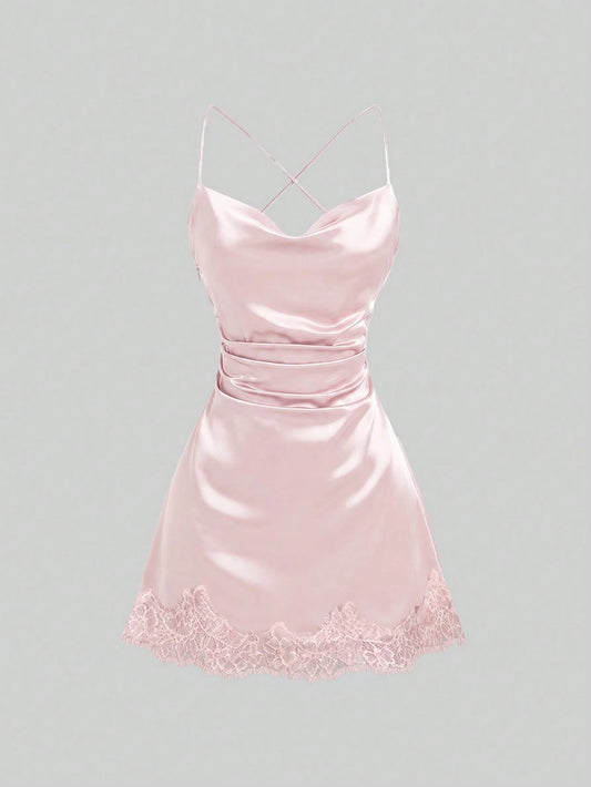 Sweetra New Satin Mini Dress With Contrast Lace, Coffee Color, Suitable For Party Wear