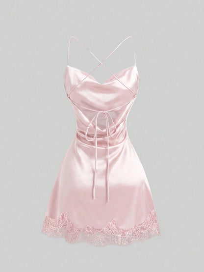 Sweetra New Satin Mini Dress With Contrast Lace, Coffee Color, Suitable For Party Wear