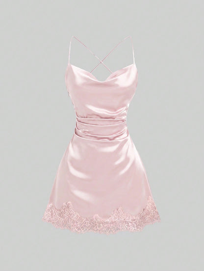 Sweetra New Satin Mini Dress With Contrast Lace, Coffee Color, Suitable For Party Wear