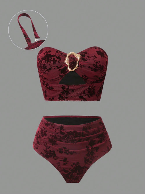 Sweetra Plus Size Swimwear Set, High-Quality Flocked Fabric, Minimalist European & American Style Tankini