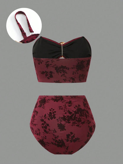 Sweetra Plus Size Swimwear Set, High-Quality Flocked Fabric, Minimalist European & American Style Tankini