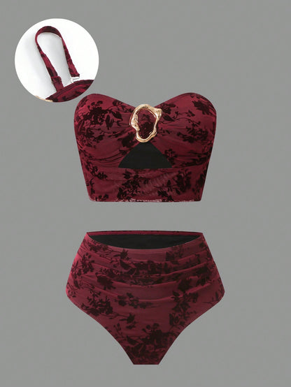 Sweetra Plus Size Swimwear Set, High-Quality Flocked Fabric, Minimalist European & American Style Tankini