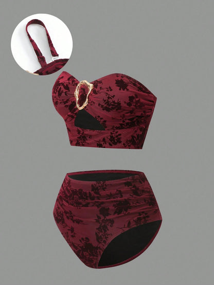 Sweetra Plus Size Swimwear Set, High-Quality Flocked Fabric, Minimalist European & American Style Tankini