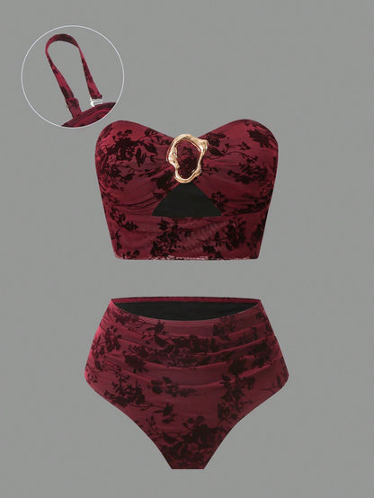 Sweetra Plus Size Swimwear Set, High-Quality Flocked Fabric, Minimalist European & American Style Tankini