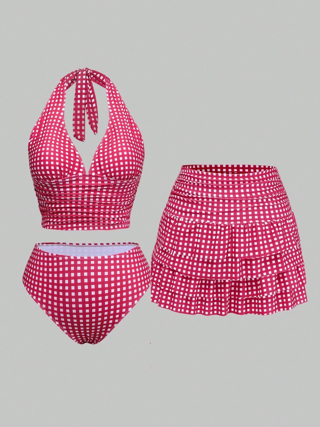 Sweetra Plus Size Women 3pcs Set: Plaid Ruched Tie Camisole Top, Triangle Panty & Sarong Skirt Tankini Swimwear