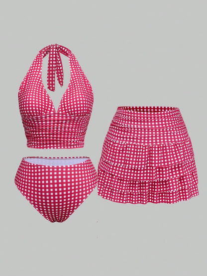 Sweetra Plus Size Women 3pcs Set: Plaid Ruched Tie Camisole Top, Triangle Panty & Sarong Skirt Tankini Swimwear