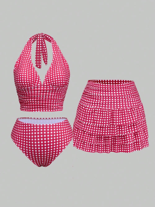Sweetra Plus Size Women 3pcs Set: Plaid Ruched Tie Camisole Top, Triangle Panty & Sarong Skirt Tankini Swimwear