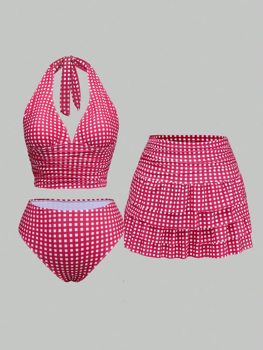 Sweetra Plus Size Women 3pcs Set: Plaid Ruched Tie Camisole Top, Triangle Panty & Sarong Skirt Tankini Swimwear