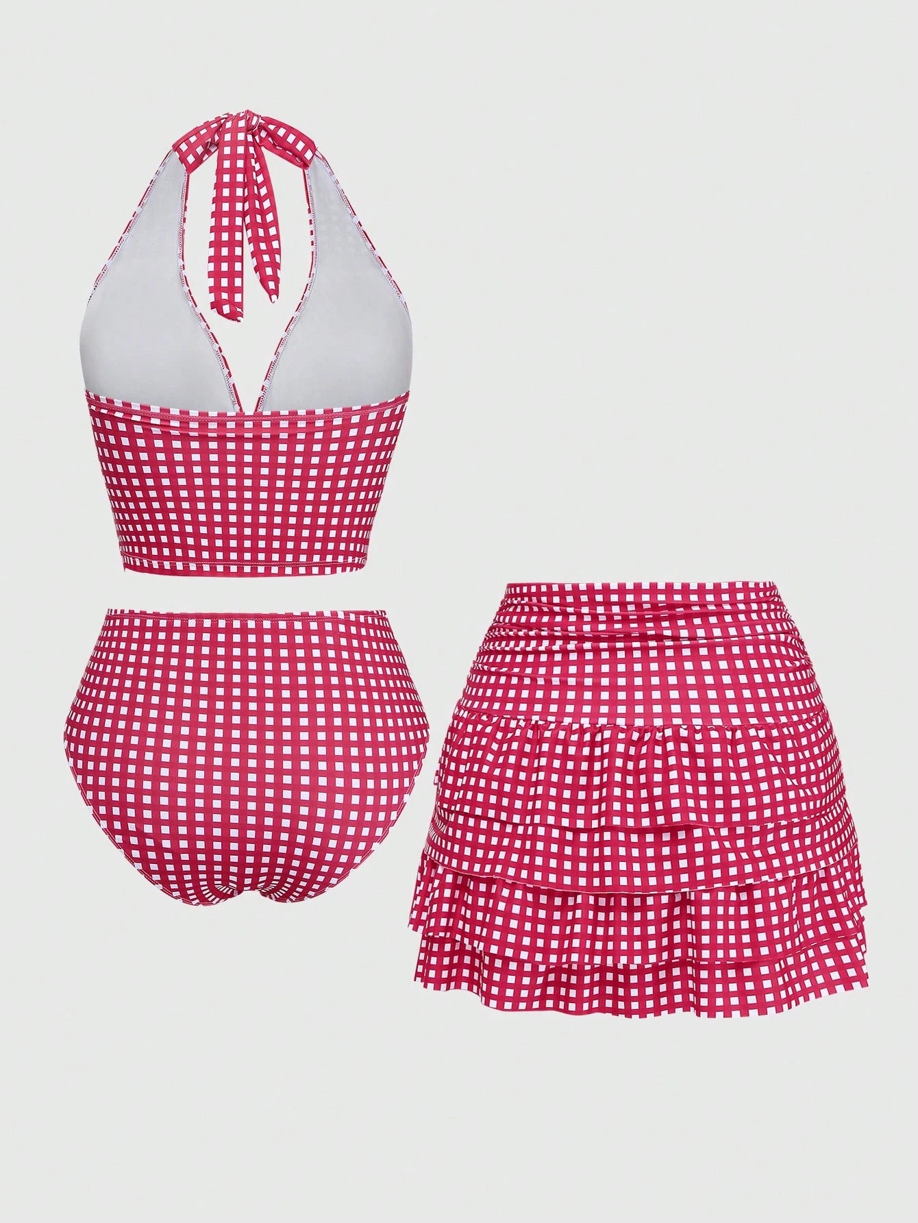 Sweetra Plus Size Women 3pcs Set: Plaid Ruched Tie Camisole Top, Triangle Panty & Sarong Skirt Tankini Swimwear
