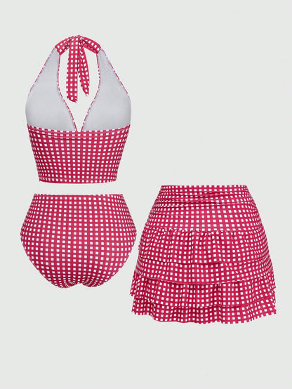 Sweetra Plus Size Women 3pcs Set: Plaid Ruched Tie Camisole Top, Triangle Panty & Sarong Skirt Tankini Swimwear