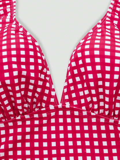 Sweetra Plus Size Women 3pcs Set: Plaid Ruched Tie Camisole Top, Triangle Panty & Sarong Skirt Tankini Swimwear