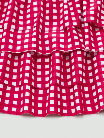 Sweetra Plus Size Women 3pcs Set: Plaid Ruched Tie Camisole Top, Triangle Panty & Sarong Skirt Tankini Swimwear