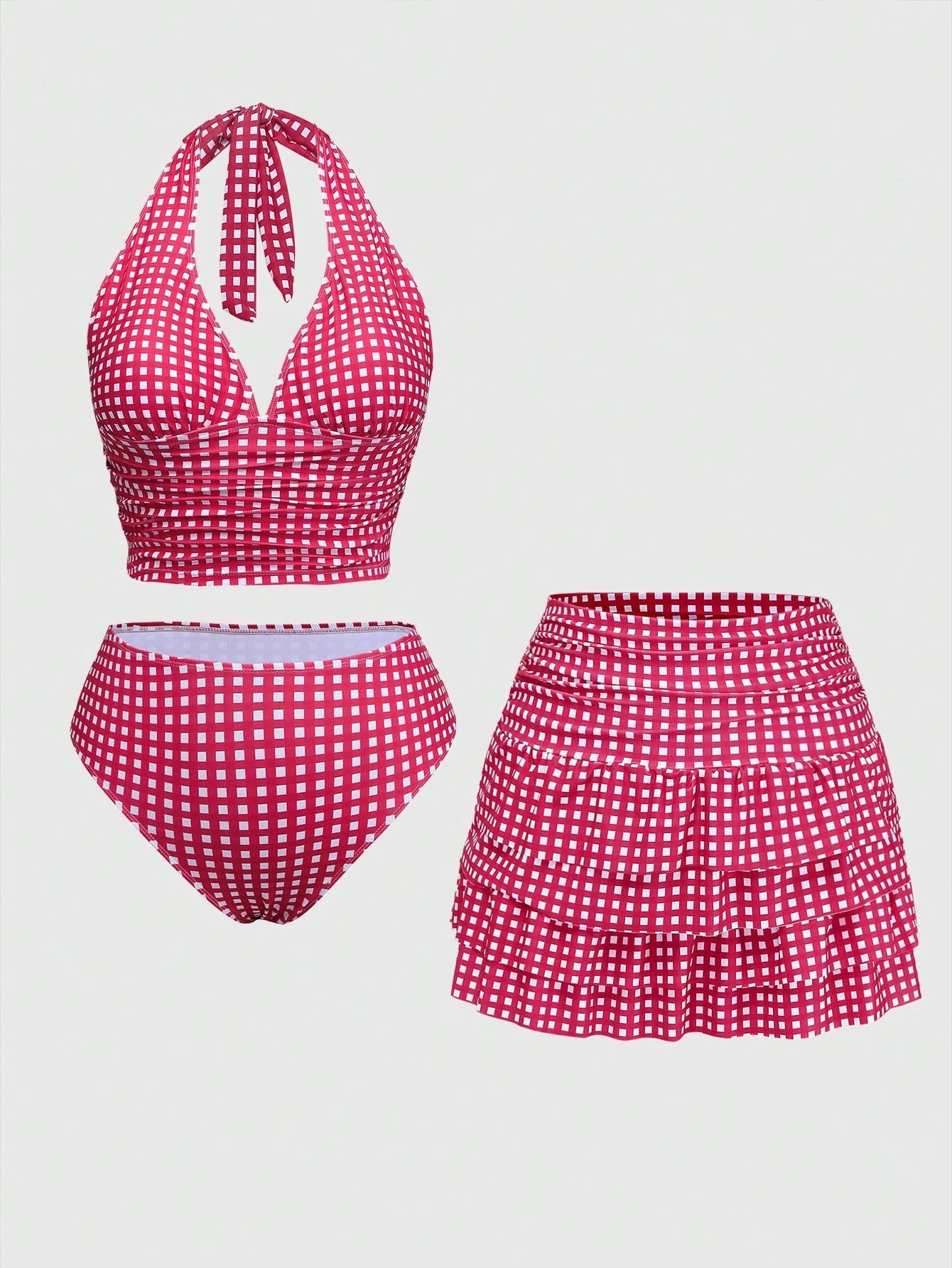 Sweetra Plus Size Women 3pcs Set: Plaid Ruched Tie Camisole Top, Triangle Panty & Sarong Skirt Tankini Swimwear