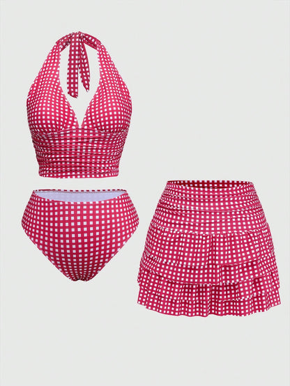 Sweetra Plus Size Women 3pcs Set: Plaid Ruched Tie Camisole Top, Triangle Panty & Sarong Skirt Tankini Swimwear