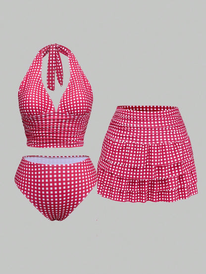Sweetra Plus Size Women 3pcs Set: Plaid Ruched Tie Camisole Top, Triangle Panty & Sarong Skirt Tankini Swimwear