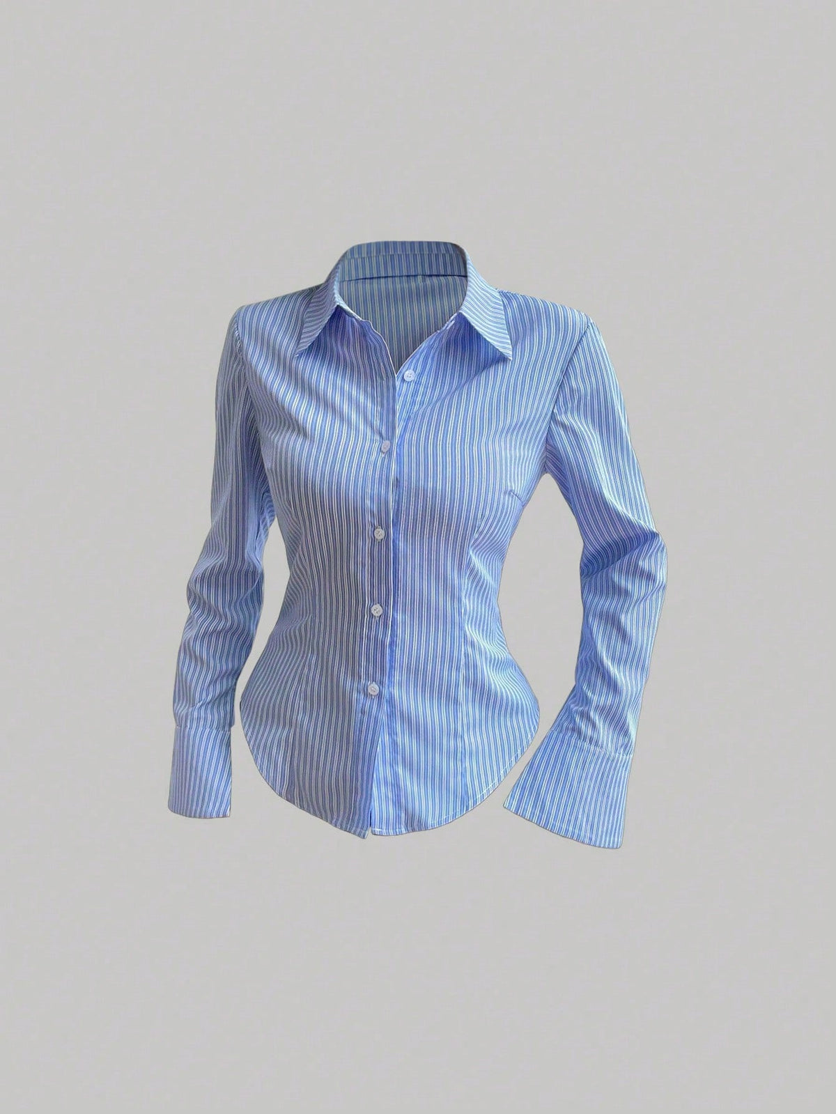 Sweetra Solid Color Slim Fit Striped Print Button-Front Long Sleeve Shirt