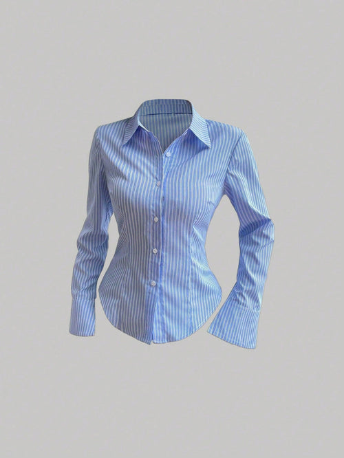 Sweetra Solid Color Slim Fit Striped Print Button-Front Long Sleeve Shirt