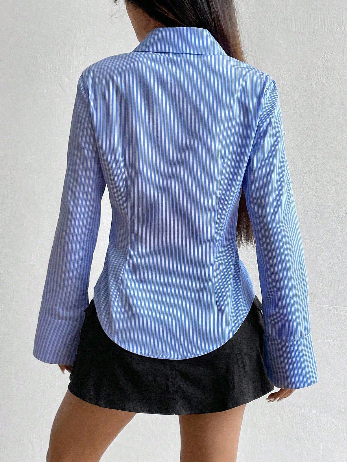 Sweetra Solid Color Slim Fit Striped Print Button-Front Long Sleeve Shirt