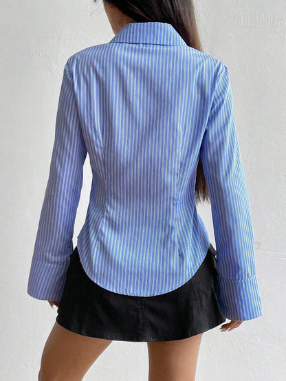 Sweetra Solid Color Slim Fit Striped Print Button-Front Long Sleeve Shirt