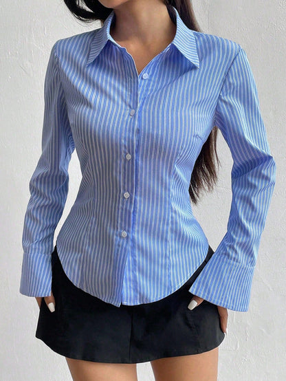 Sweetra Solid Color Slim Fit Striped Print Button-Front Long Sleeve Shirt
