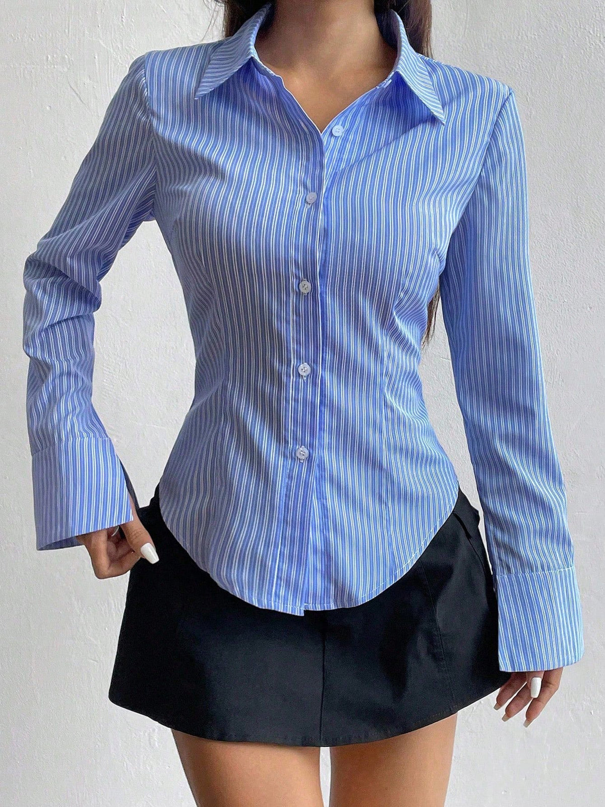 Sweetra Solid Color Slim Fit Striped Print Button-Front Long Sleeve Shirt