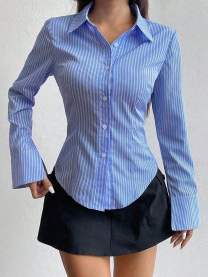 Sweetra Solid Color Slim Fit Striped Print Button-Front Long Sleeve Shirt