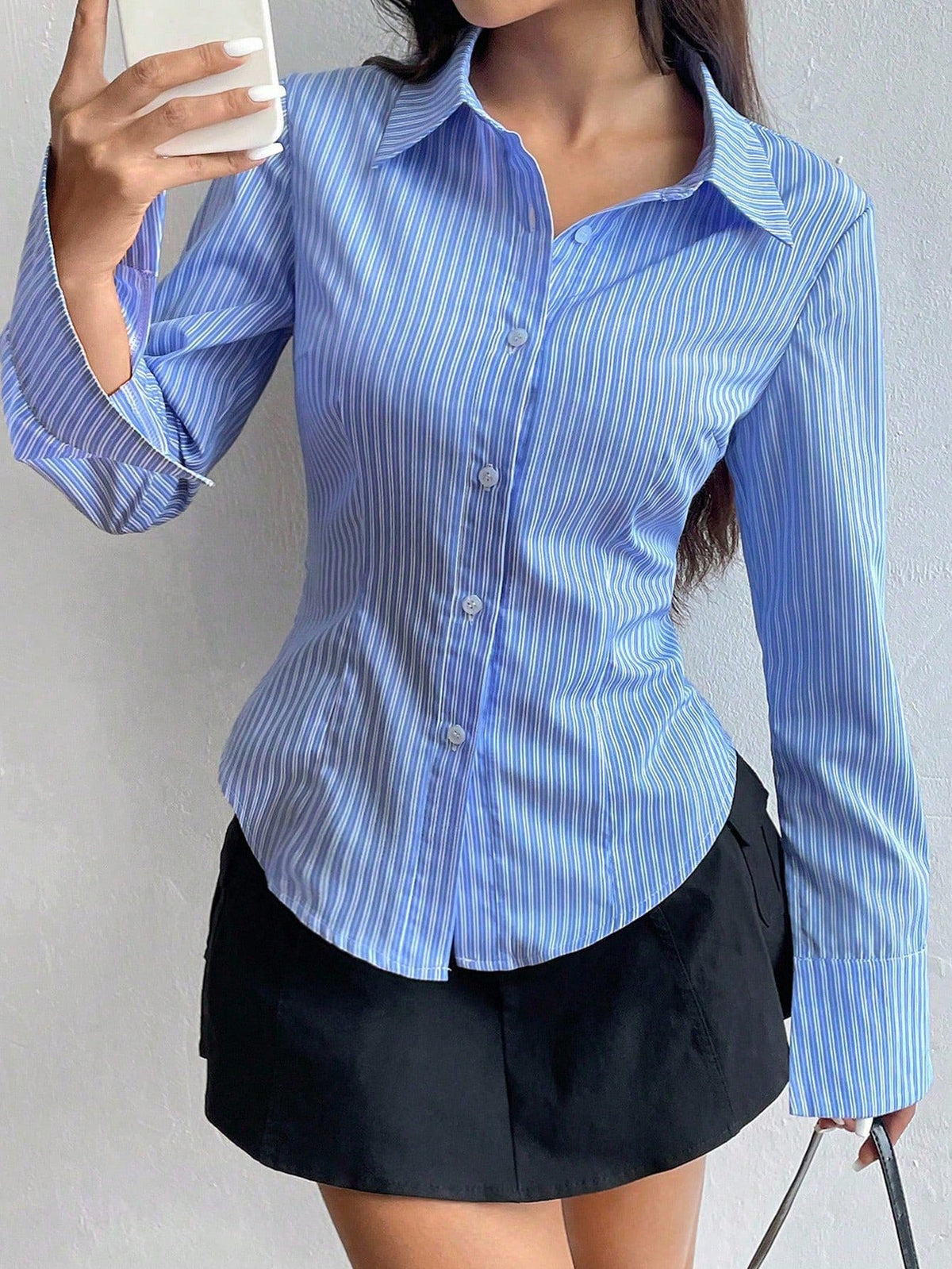 Sweetra Solid Color Slim Fit Striped Print Button-Front Long Sleeve Shirt