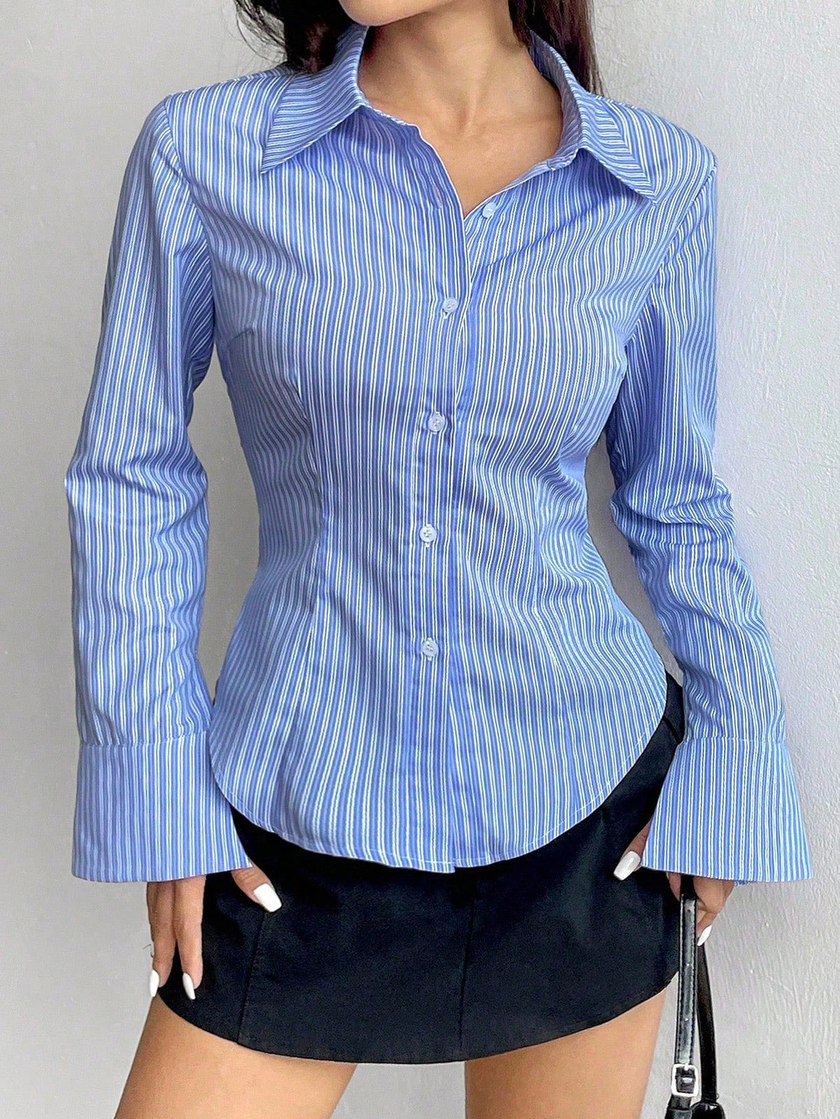 Sweetra Solid Color Slim Fit Striped Print Button-Front Long Sleeve Shirt