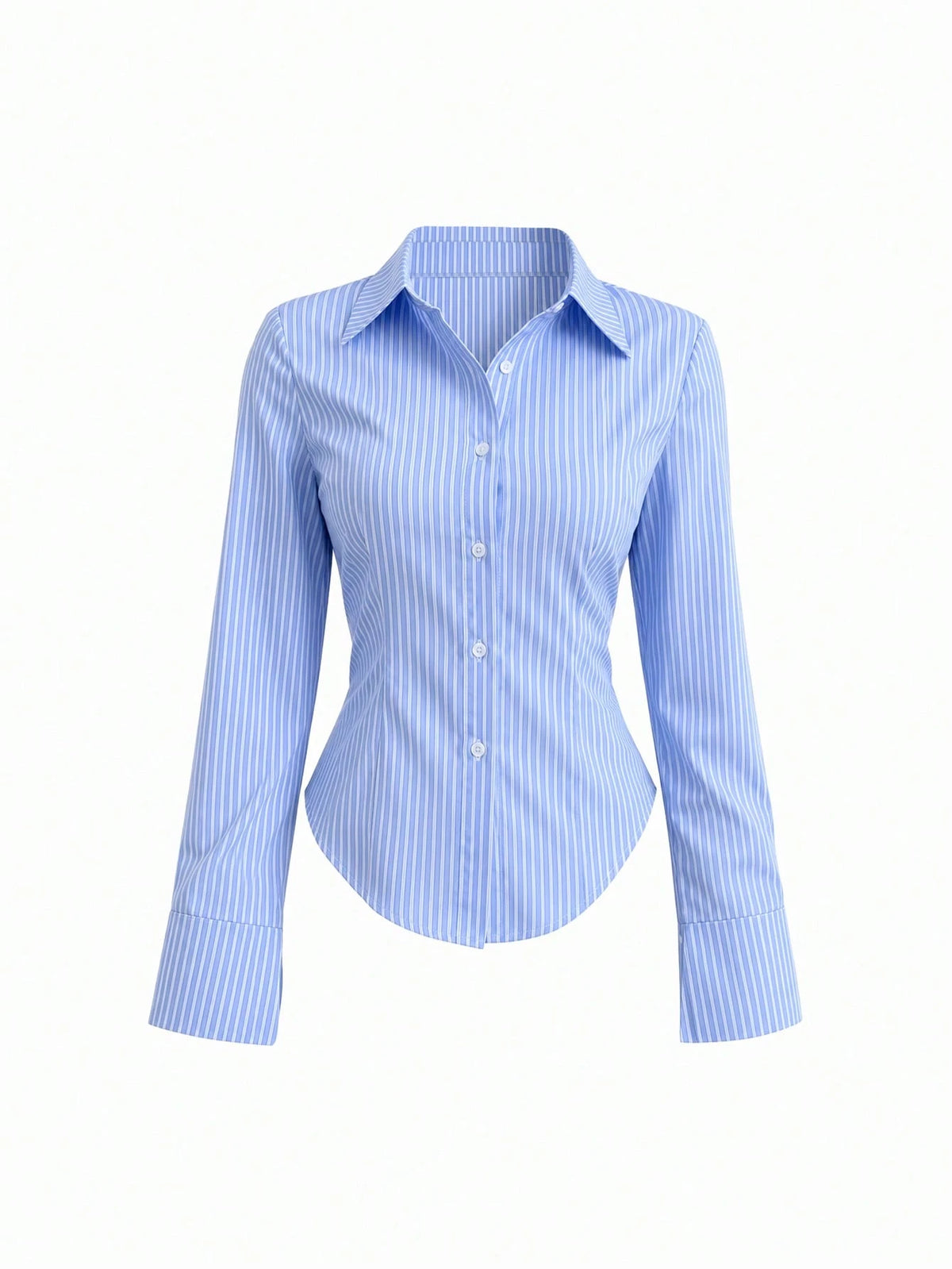Sweetra Solid Color Slim Fit Striped Print Button-Front Long Sleeve Shirt