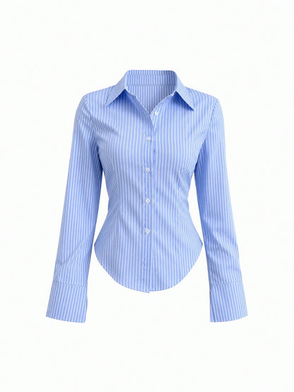 Sweetra Solid Color Slim Fit Striped Print Button-Front Long Sleeve Shirt