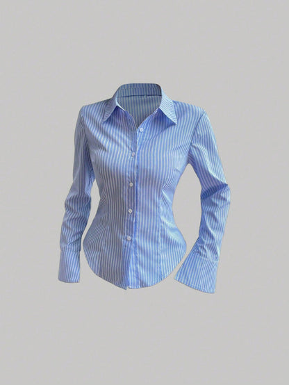 Sweetra Solid Color Slim Fit Striped Print Button-Front Long Sleeve Shirt