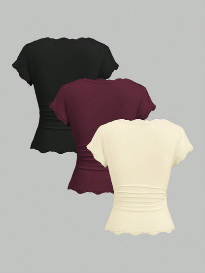 Sweetra Spring/Summer New Women's Designer High-Street Chic Lace Trim Slimming Fit Vacation Sports Versatile Comfortable Streetwear T-Shirt Set
