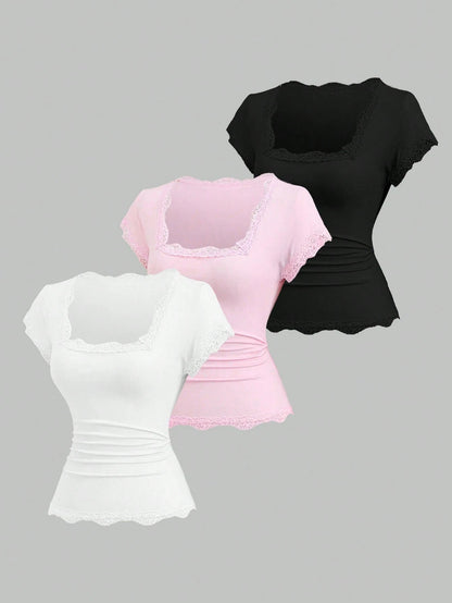 Sweetra Spring/Summer New Women's Designer High-Street Chic Lace Trim Slimming Fit Vacation Sports Versatile Comfortable Streetwear T-Shirt Set