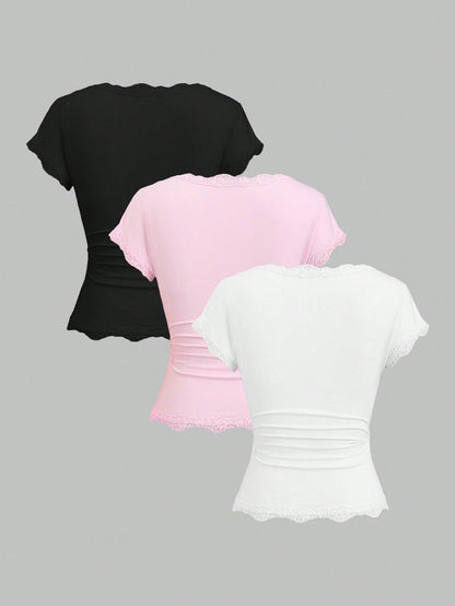 Sweetra Spring/Summer New Women's Designer High-Street Chic Lace Trim Slimming Fit Vacation Sports Versatile Comfortable Streetwear T-Shirt Set