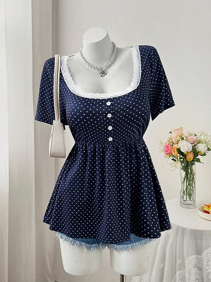 Sweetra Square Neck & Square Neck Floral Splice Button Polka Dot Waist A-Line Short Sleeve Knit Elegant Retro Casual Cute Plus Size Women T-Shirt
