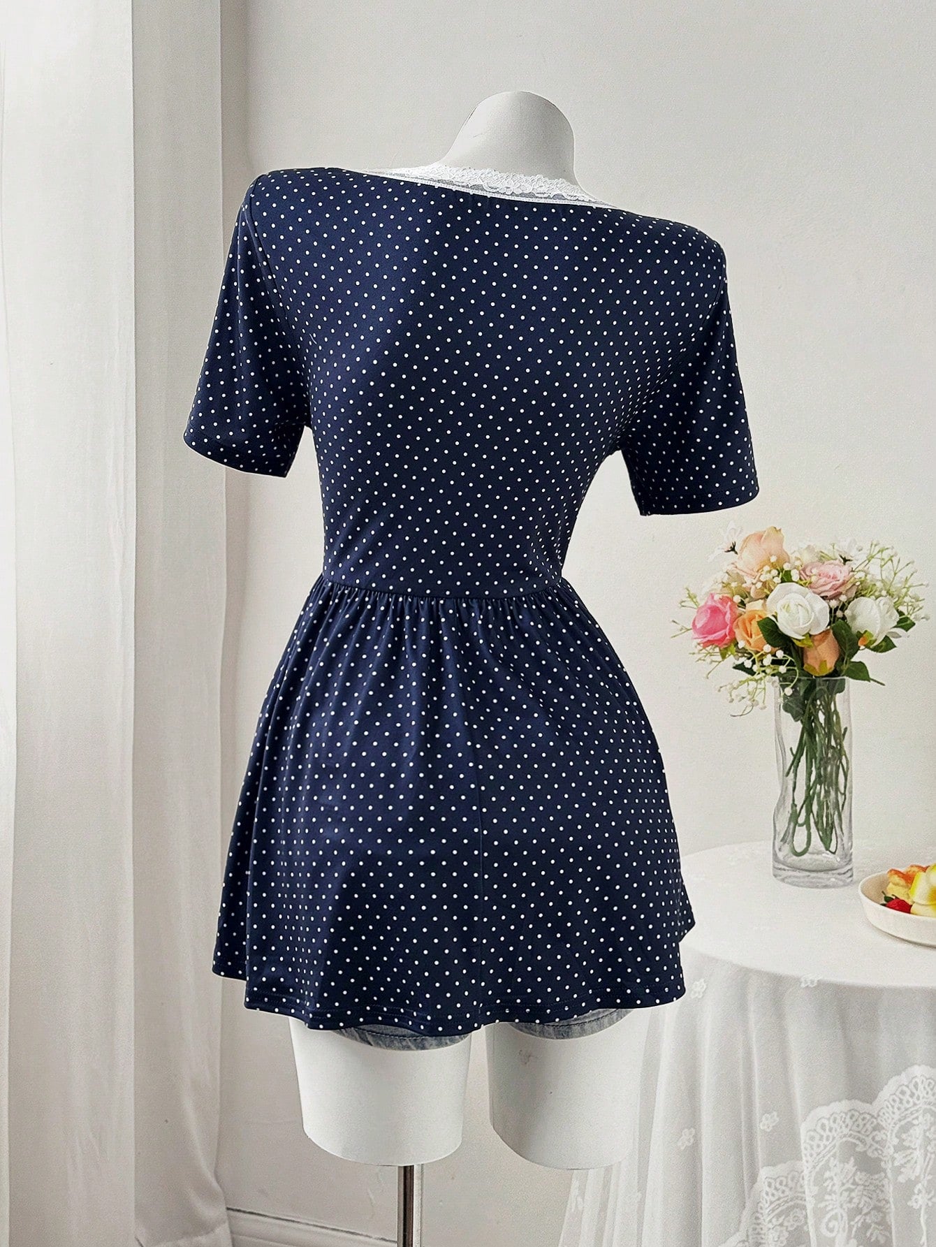 Sweetra Square Neck & Square Neck Floral Splice Button Polka Dot Waist A-Line Short Sleeve Knit Elegant Retro Casual Cute Plus Size Women T-Shirt