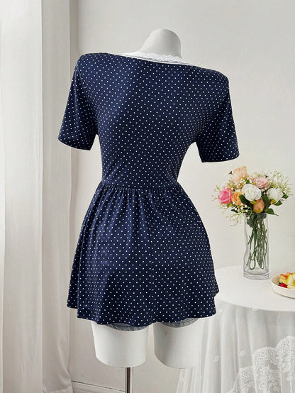 Sweetra Square Neck & Square Neck Floral Splice Button Polka Dot Waist A-Line Short Sleeve Knit Elegant Retro Casual Cute Plus Size Women T-Shirt