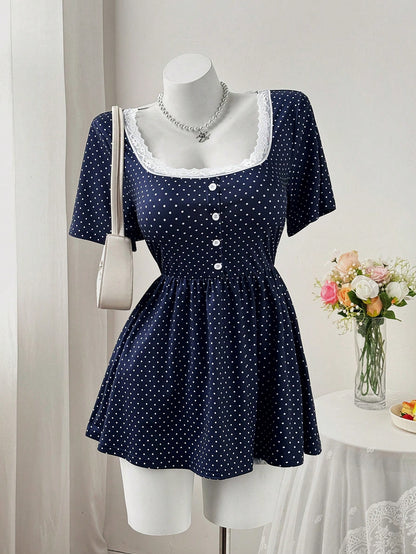 Sweetra Square Neck & Square Neck Floral Splice Button Polka Dot Waist A-Line Short Sleeve Knit Elegant Retro Casual Cute Plus Size Women T-Shirt