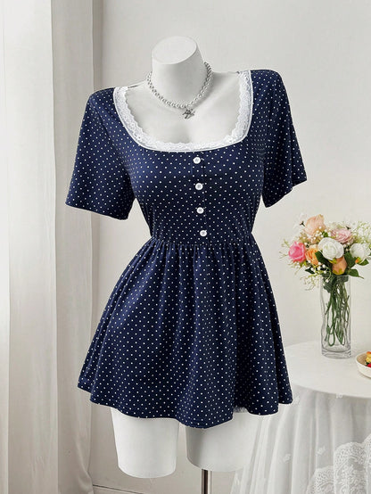 Sweetra Square Neck & Square Neck Floral Splice Button Polka Dot Waist A-Line Short Sleeve Knit Elegant Retro Casual Cute Plus Size Women T-Shirt