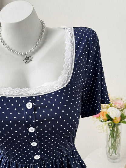 Sweetra Square Neck & Square Neck Floral Splice Button Polka Dot Waist A-Line Short Sleeve Knit Elegant Retro Casual Cute Plus Size Women T-Shirt