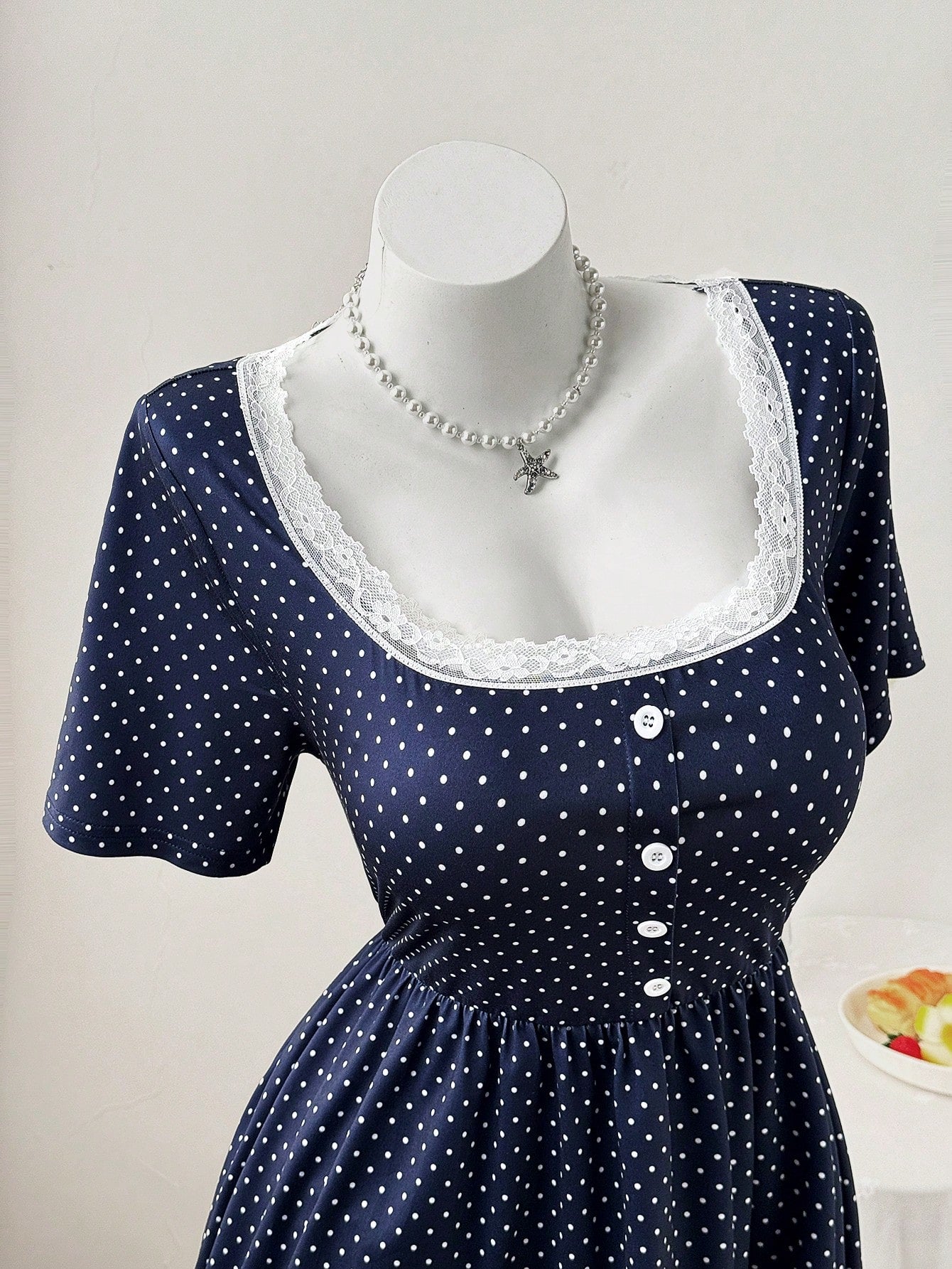 Sweetra Square Neck & Square Neck Floral Splice Button Polka Dot Waist A-Line Short Sleeve Knit Elegant Retro Casual Cute Plus Size Women T-Shirt