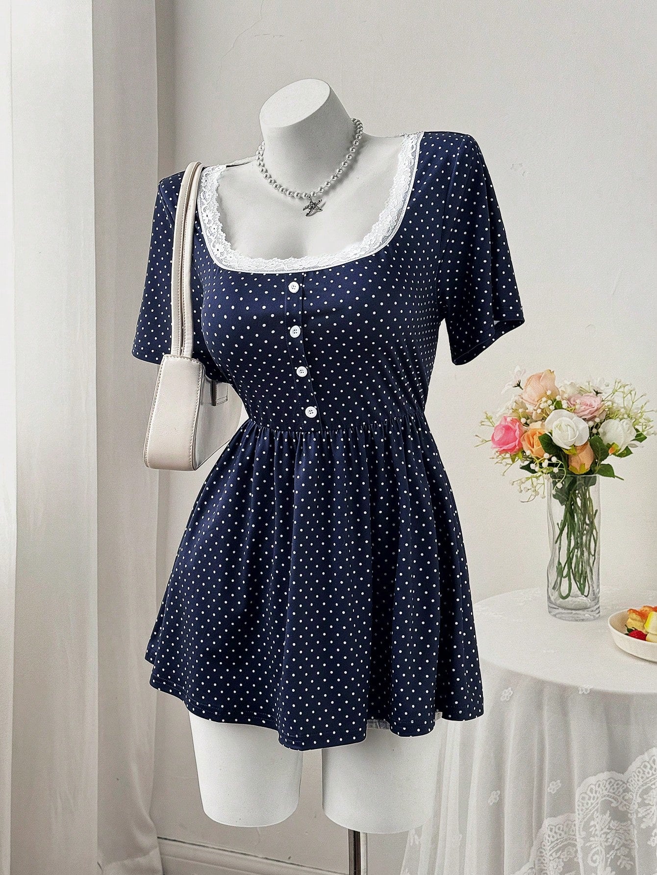 Sweetra Square Neck & Square Neck Floral Splice Button Polka Dot Waist A-Line Short Sleeve Knit Elegant Retro Casual Cute Plus Size Women T-Shirt